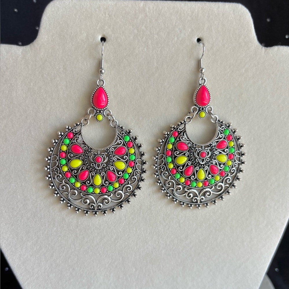 Boho Neon Pink & Lime Filigree Drop Earrings